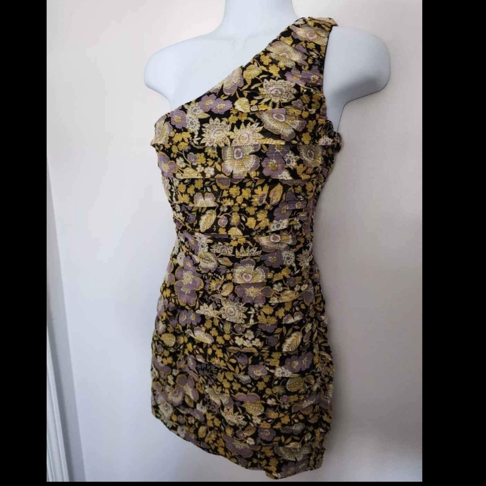 Zara One-Shoulder Mini Dress in Black, Gold and Lavender